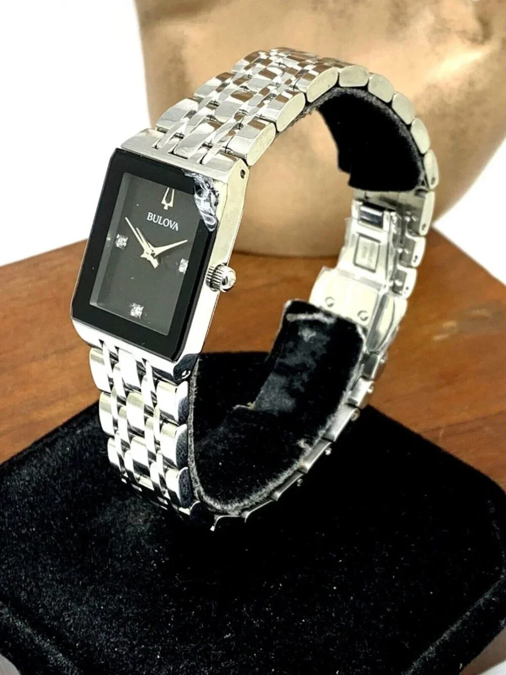 Bulova Women's Watch 96P202 Black Dial Diamond Quadra Silver BROKEN CRYSTAL